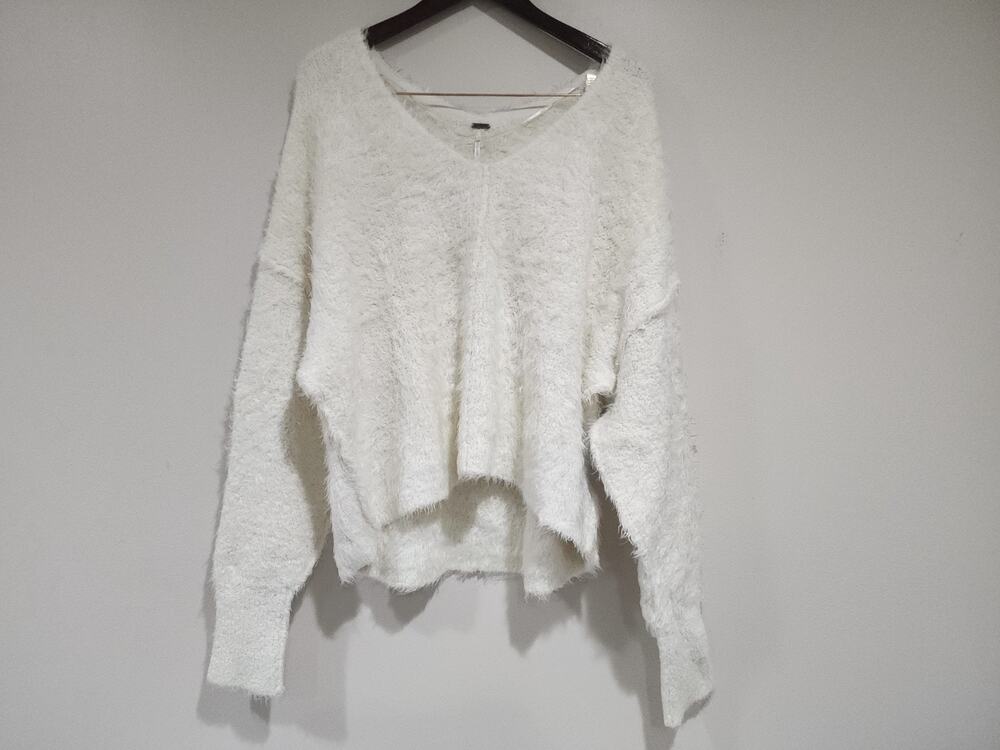 Free People Icing V Neck Fuzzy Sweater Womens XL Cream Oversized Drop Shoulder
